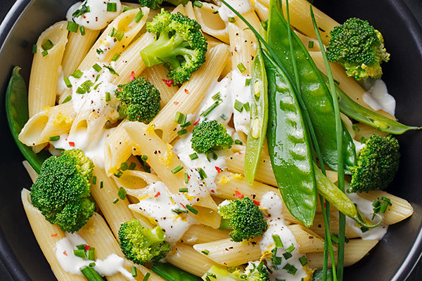 Steamed green veg with pasta and a cream sauce enchanted with White & Green Pepper (aka Cape Garden)