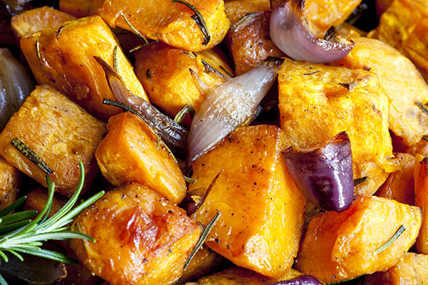 Honey & Rooibos Balsamic vinegar Reduction is the perfect finishing sauce for butternut and sweet potatoes roast with red onion petals.