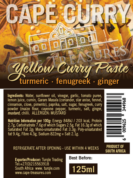 Yellow Cape Curry Paste product label, ingredients and nutrition information.