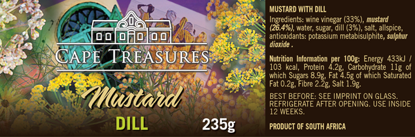 label of Dill Mustard shows ingredients and nutritional values