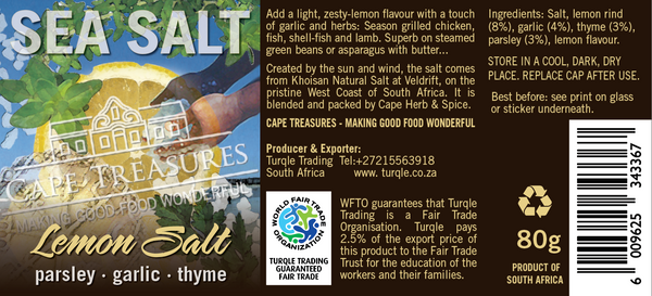 Cape Treasures Lemon Salt Label with ingredients list.