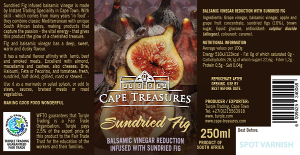 Sundried Fig Balsamic Vinegar Reduction product label with ingredients and nutritional information.