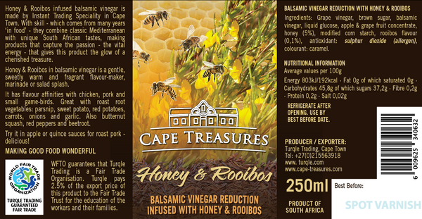 Honey & Rooibos Balsamic Vinegar Reduction product label with ingredients and nutritional information.