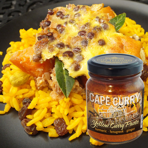 Yellow Cape Curry Paste jar next to vegetarian bobotie