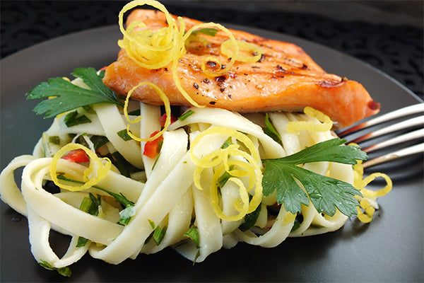 Salmon, seared with Ukuva Fire Spice on lemoned tagliatelle.