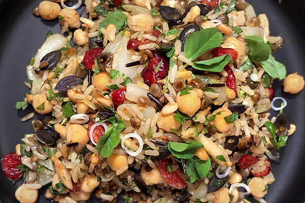 Brown and wild rice with lentils and chickpea salad with Honey Mustard dressing, cranberries and pumpkin seeds - a delicious vegetarian meal-salad.