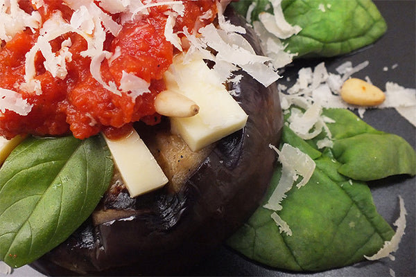 Griddled Aubergine (or Eggplant) with cheese, tomato sauce boosted with Sundried Tomato Mustard and fresh basil.