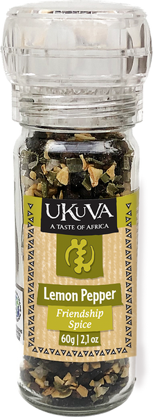 Ukuva Lemon Pepper (aka Friendship Spice) Grinder Pack Shot.