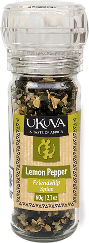 Ukuva Lemon Pepper (aka Friendship Spice) Grinder Pack Shot.