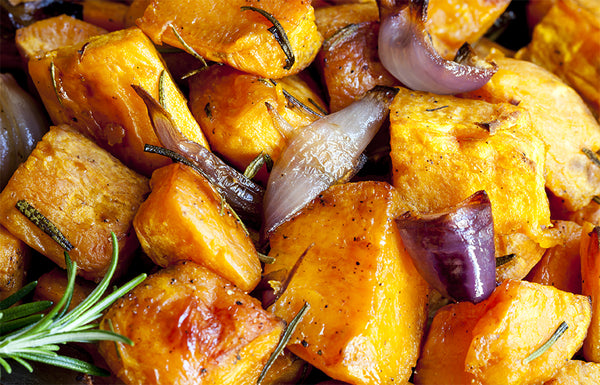 Yellow Sweet Potato roast with red onion petals