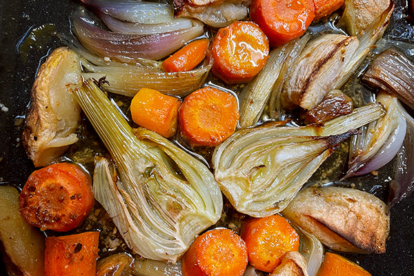 Honey & Rooibos Balsamic Vinegar Reduction is the perfect dressing for roast chunks of apple, carrots, red onions and split fennel bulbs.