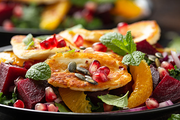 Fried Halloumi, beetroot, orange segments, mint, pumpkin seeds and pomegranate jewels