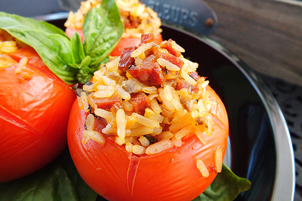 tomatoes, filled with rice and bacon, dressed with Ukuka Ginger & Chilli Hot Drops