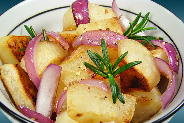 Fried Sweet Potato with red onion petals with Spiced Bliss (aka Yassa)