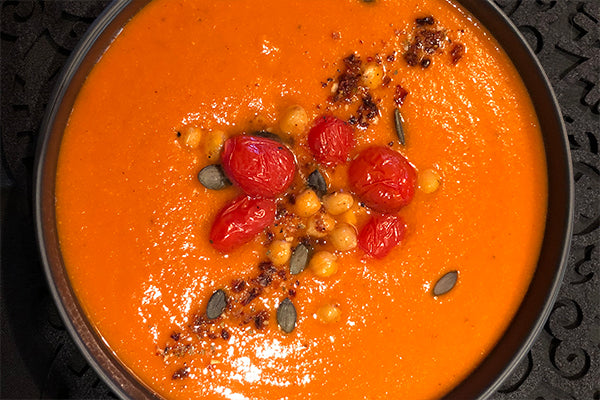Tomato Soup made magnificent with fried chickpeas and tomatoes, seasoned with tomato salt (a perfect wallow of tomato-ness!).