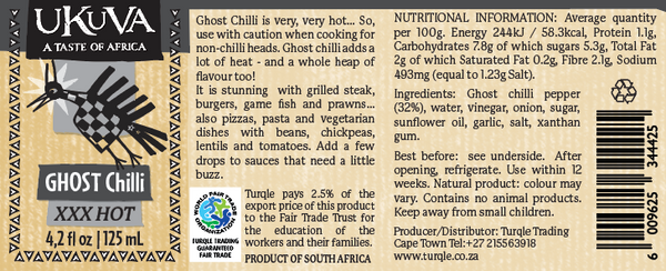 Ukuva Ghost Chili Hot Drops product label with ingredients and nutritional content.