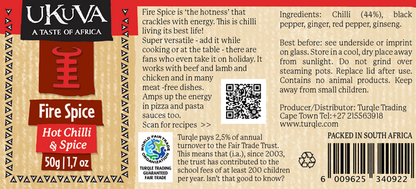 Ukuva Fire Spice Grinder label with ingredient list.