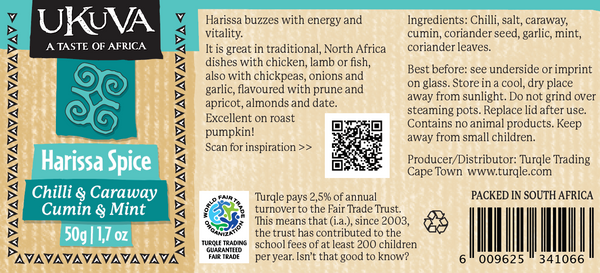 Ukuva Harissa Spice Grinder product label with ingredient list.