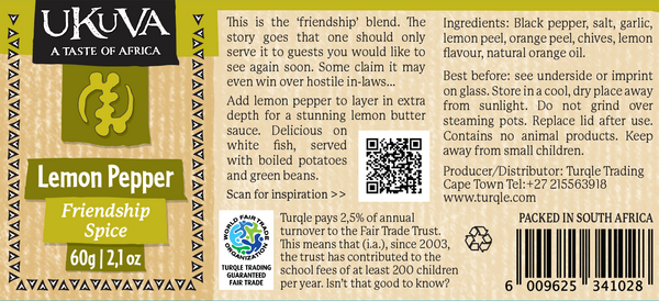 Ukuva Lemon Pepper (aka Friendship Spice) product label with ingredient listing.