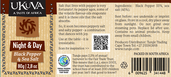 Ukuva Night & Day, Black Pepper & Salt Grinder label with ingredient list.