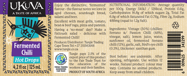Ukuva Fermented Hot Drops product label with ingredient list and nutritional information.