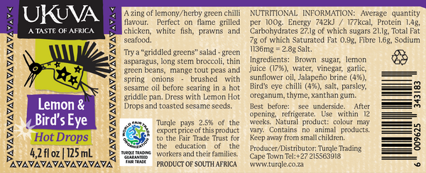 Ukuva Lemon & Birds' Eye Hot Drops product label with ingredients and nutritional information.