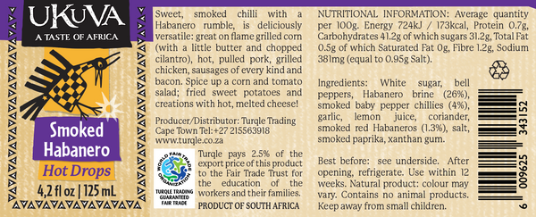Ukuva Smoked Habanero Hot Drops product label with ingredients list and nutritional information.
