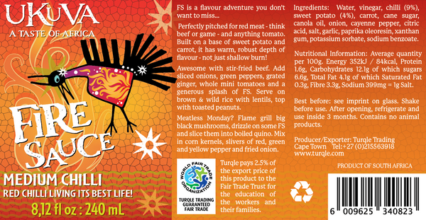 Ukuva Fire Sauce product label with an ingredient listing and nutritional information.