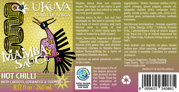Ukuva Mamba Sauce product label with ingredient listing and nutritional information.