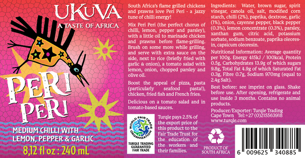 Ukuva Peri Peri Sauce product label with ingredient listing and nutritional information.