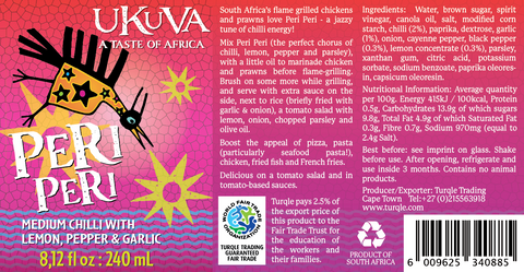 Ukuva Peri Peri Sauce product label with ingredient listing and nutritional information.