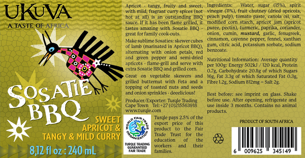 Ukuva Sosatie BBQ Sauce product label with ingredients listing and nutritional information