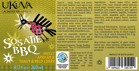Ukuva Sosatie BBQ Sauce product label with ingredients listing and nutritional information