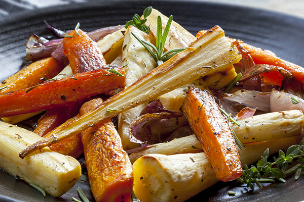 Honey and Rooibos Balsamic Vinegar Reduction is the perfect finishing sauce for roast root vegetables.