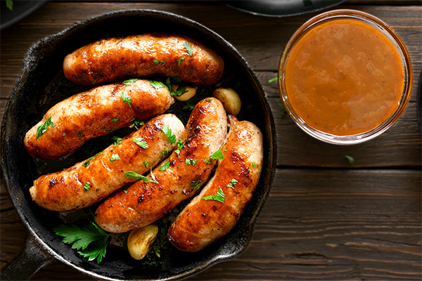 Fried Pork Sausages with Peri Peri Ghost Dip