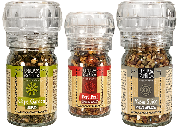 Cape Garden (aka White & Green Pepper), Peri Peri Chilli Salt and Yassa Spice (aka Spiced Bliss) pack pic