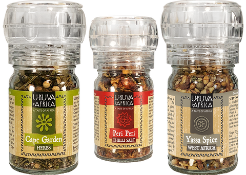 Cape Garden (aka White & Green Pepper), Peri Peri Chilli Salt and Yassa Spice (aka Spiced Bliss) pack pic
