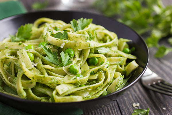 Fresh Tagliatelle with peas and Basil pesto, perfectly seasoned with Cape Treasures Lemon Salt